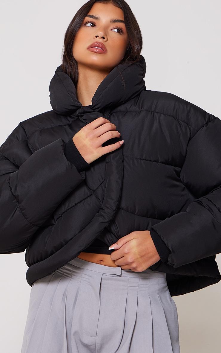 Black Quilted Asymmetric High Neck Puffer Jacket Product Image