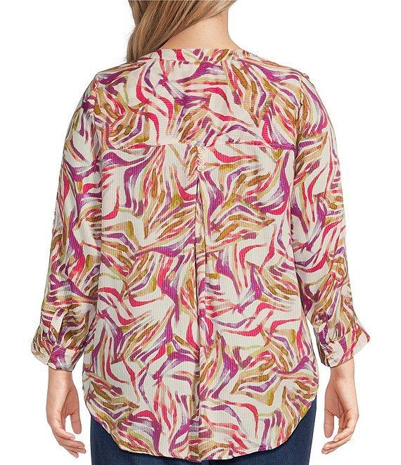 Intro Plus Size Woven Cattleya Split V-Neck 3/4 Roll-Tab Sleeve Button Front Shirt Product Image