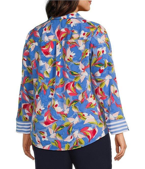 Investments Plus Size Woven Whimsy Floral Stripe 3/4 Sleeve Point Collar Button Front Split Cuff Top Product Image