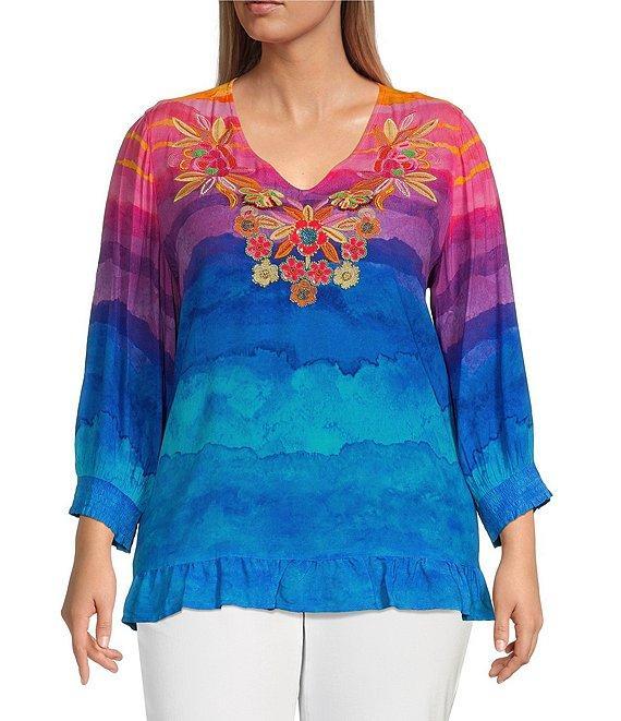 John Mark Plus Size Embroidered Tie-Dye V-Neck 3/4 Sleeve Top Product Image