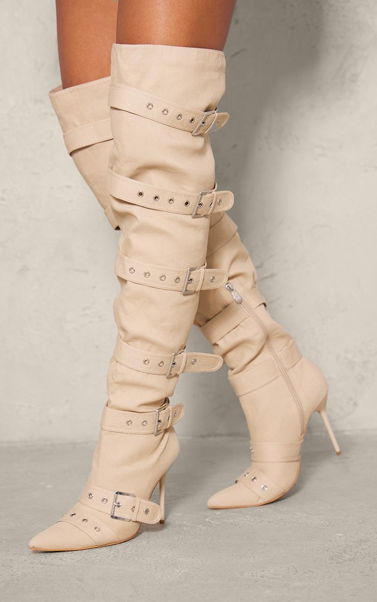 Stone Denim Point Toe Buckled Over The Knee Heeled Boots Product Image