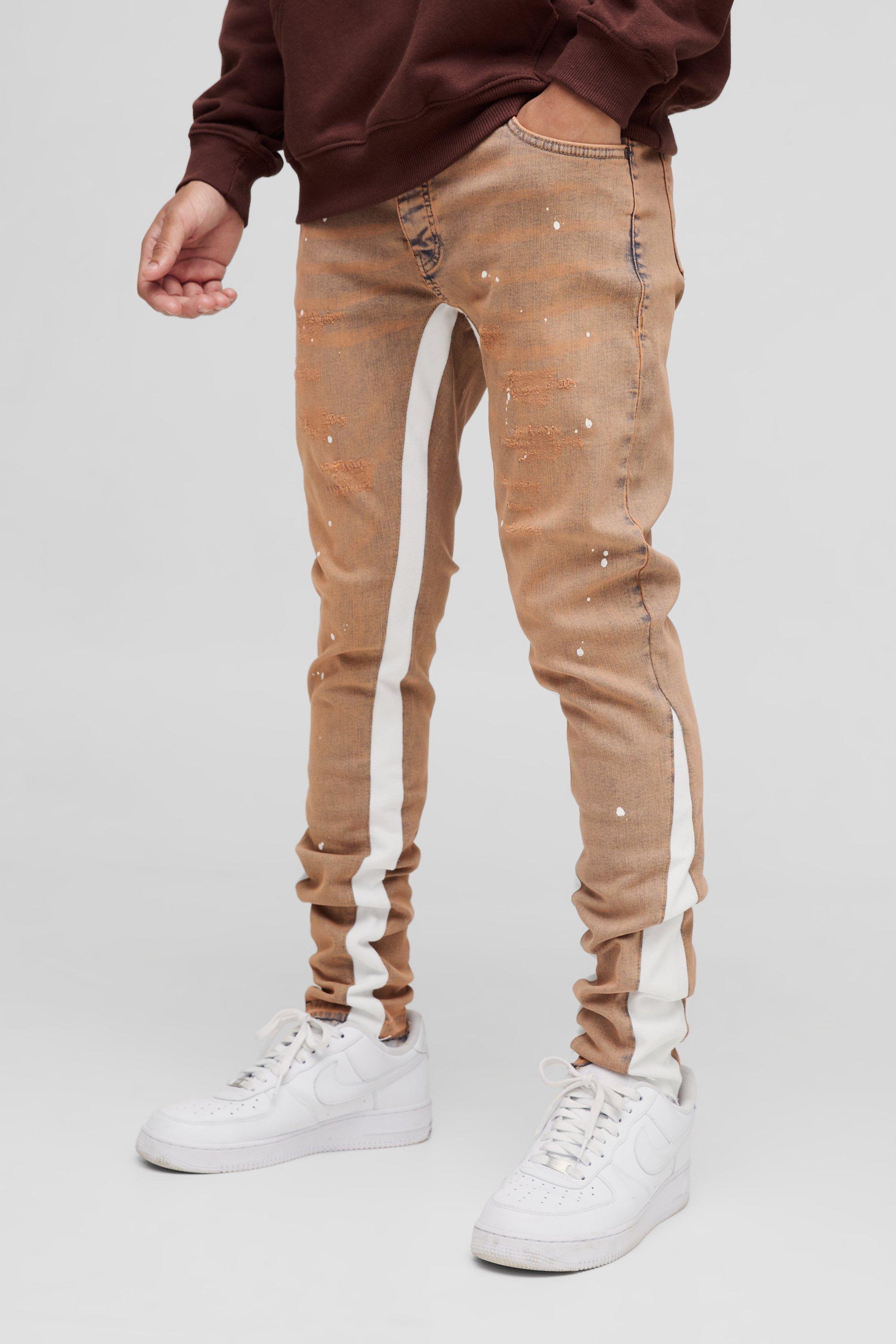 Skinny Stretch Ripped Paint Splat Gusset Jeans | boohooMAN USA Product Image