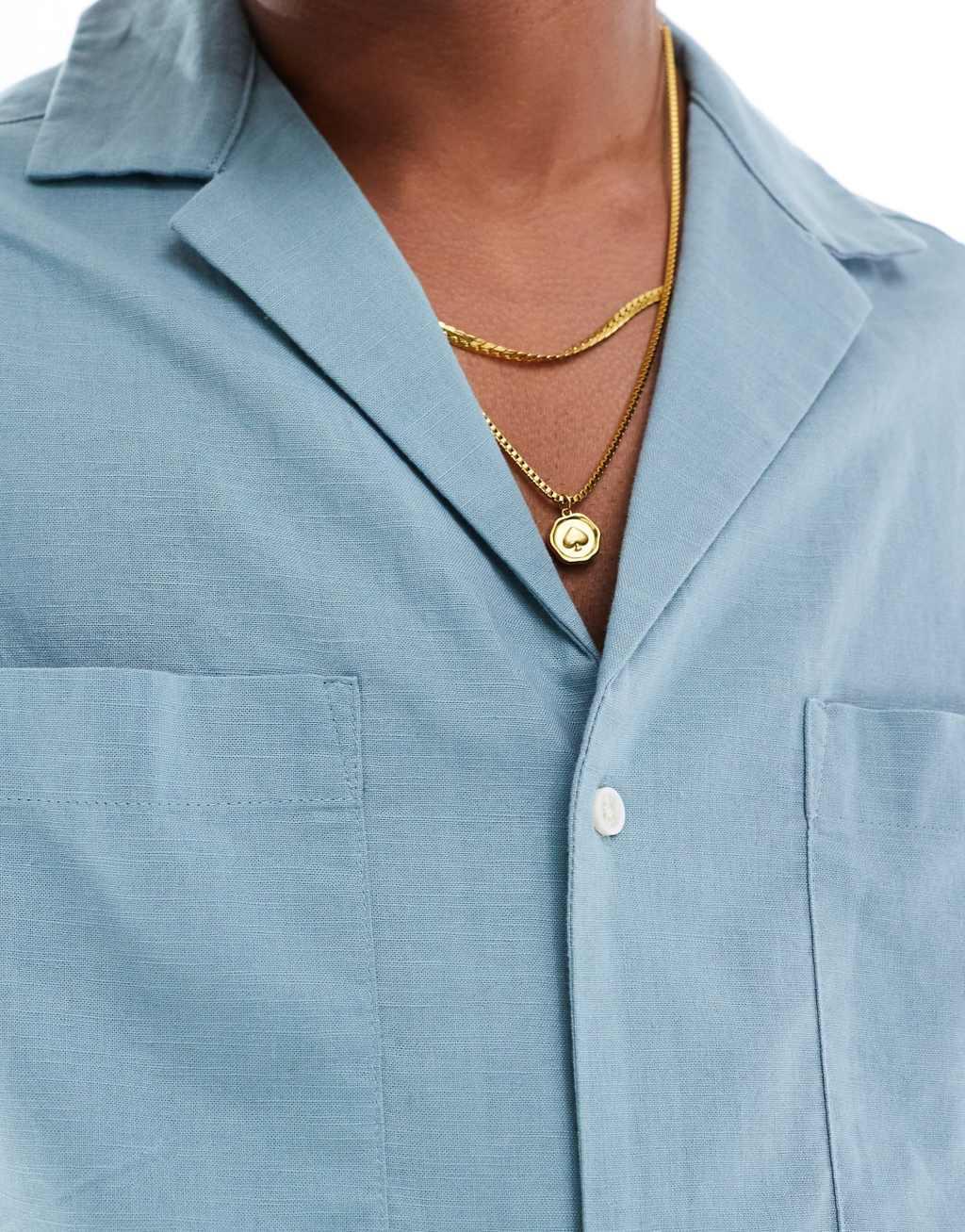 ASOS DESIGN 90s oversized linen blend shirt with deep camp collar in teal blue Product Image