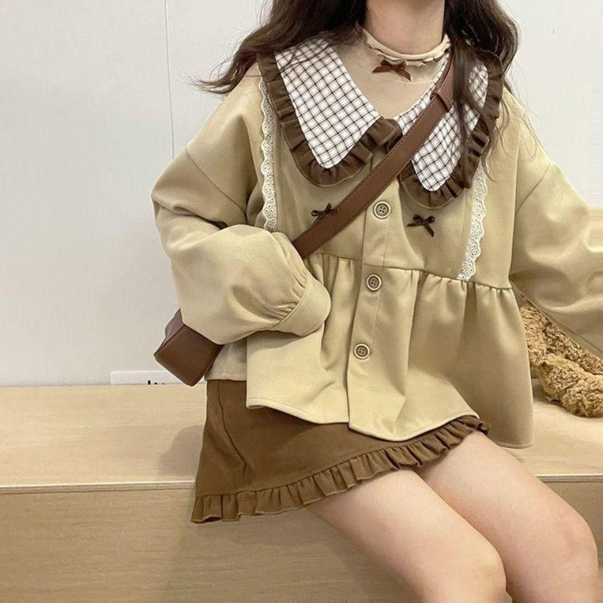 Peter Pan Collar Plaid Panel Lace Trim Button-Up Jacket / High Waist Plain Frill Trim Mini A-Line Skirt / Set Product Image