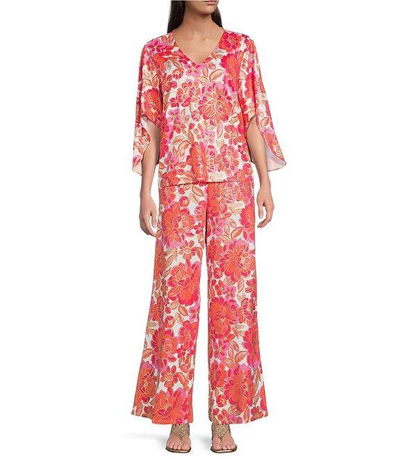 Jude Connally Daniella Coordinating Stretch Knit Peony Dream Print 3/4 Flutter Sleeve V-Neck Top Product Image