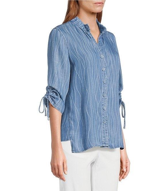 Multiples Petite Size Slub Woven Printed Stand Collar 3/4 Drawstring Sleeve Hi-Low Hem Button Front Shirt Product Image