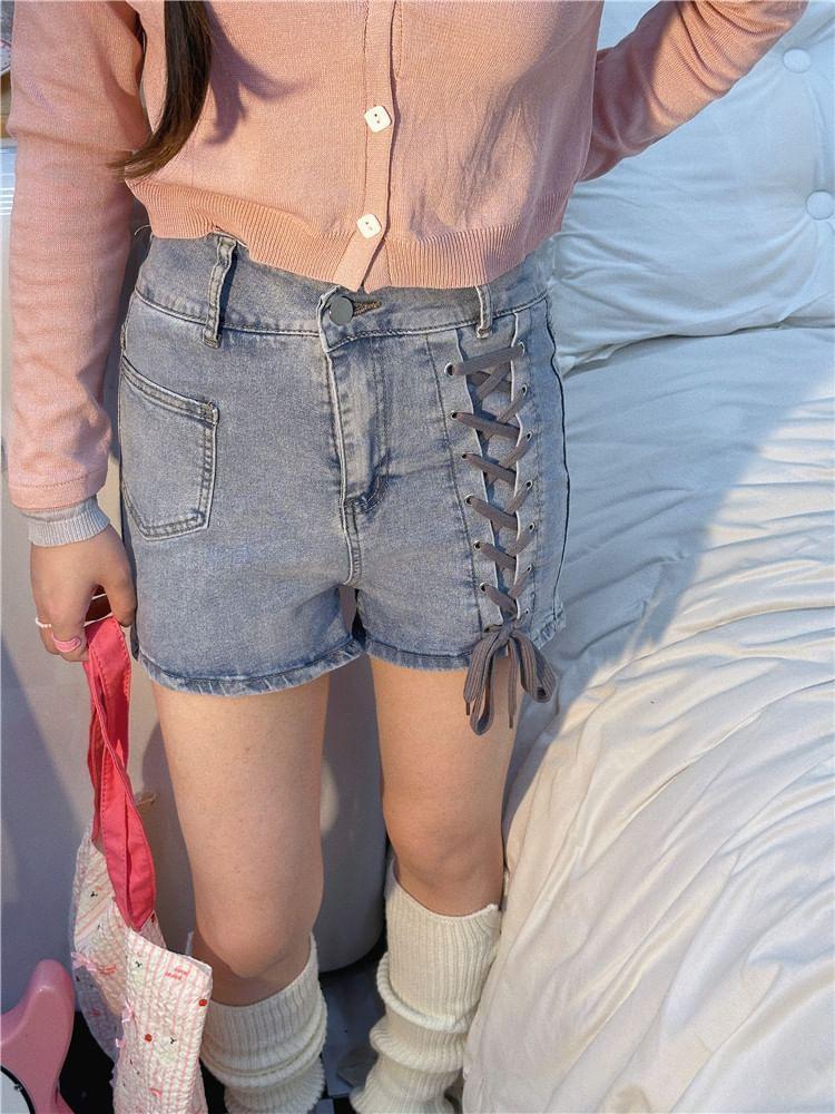 High Waist Lace-Up Washed Denim Shorts Product Image