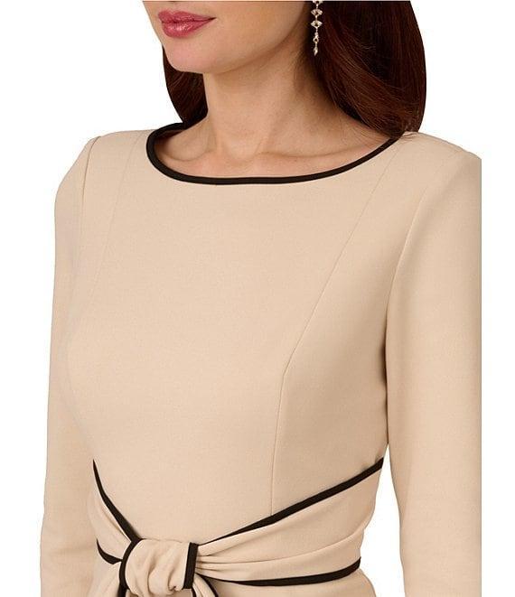 Adrianna Papell Petite Size Contrast Trim Boat Neck 3/4 Sleeve Tie Waist Crepe Dress Product Image