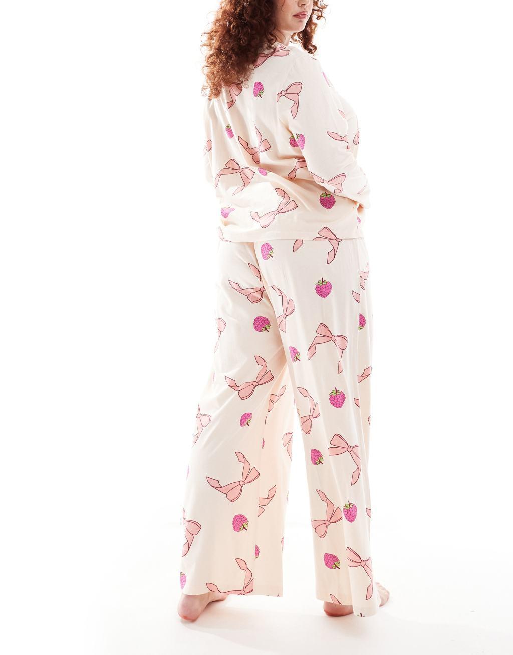 ASOS DESIGN Curve bow and fruit long sleeve top & pants pajama set in pink Product Image