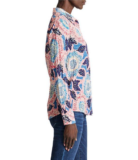 NIC + ZOE Crinkle Scribble Bloom Button Down Collar Long Sleeve Shirt Product Image