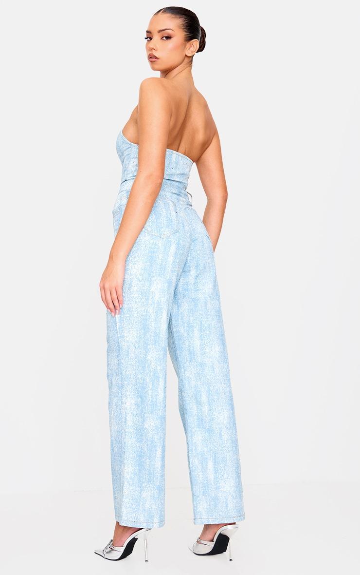 Blue Studded Diamante Denim Bandeau Wide Leg Jumpsuit Product Image