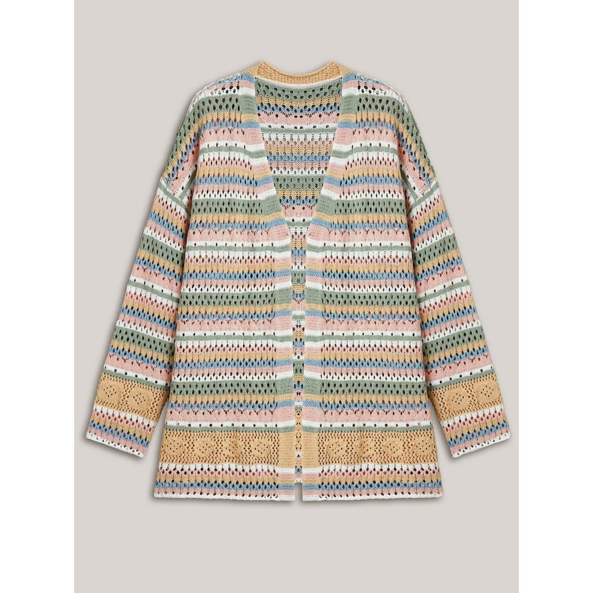 Plus Size Striped Color Contrast Cut-Out Cardigan Multicolor Women Casual Loose Long Sleeve Everyday Cardigans BloomChic 18-20/2X Product Image