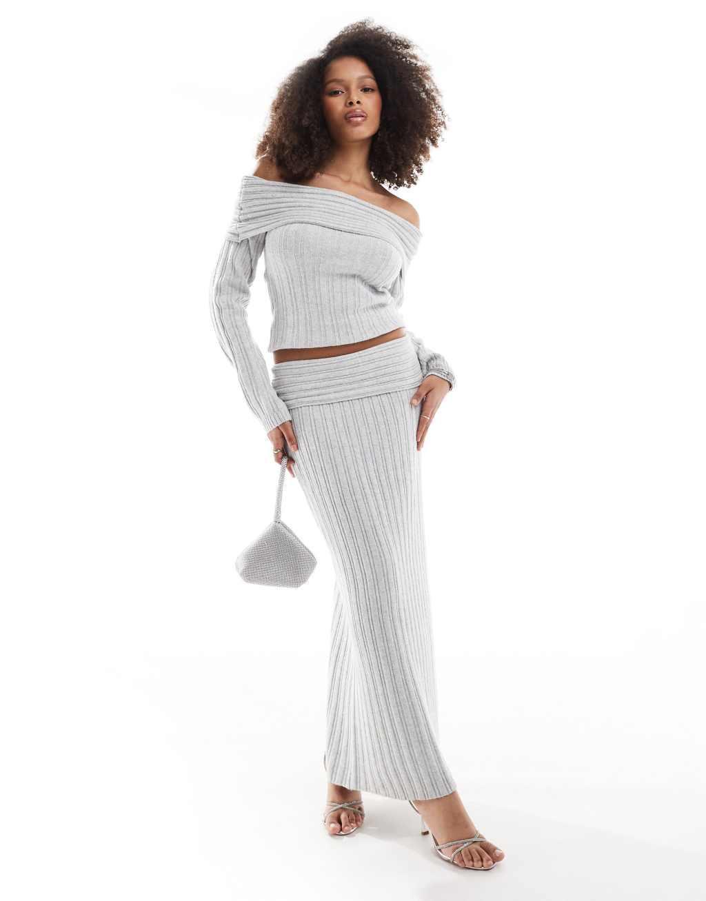 Pretty Lavish cozy bardot ribbed knit sweater in gray - part of a set Product Image