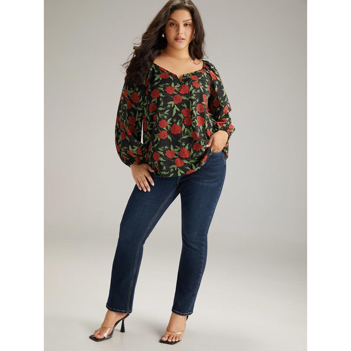 Plus Size BlackFlower Floral Print Notched Lantern Sleeve Blouse Women Elegant Long Sleeve Square Neck Dailywear Blouses BloomChic 10/M Product Image