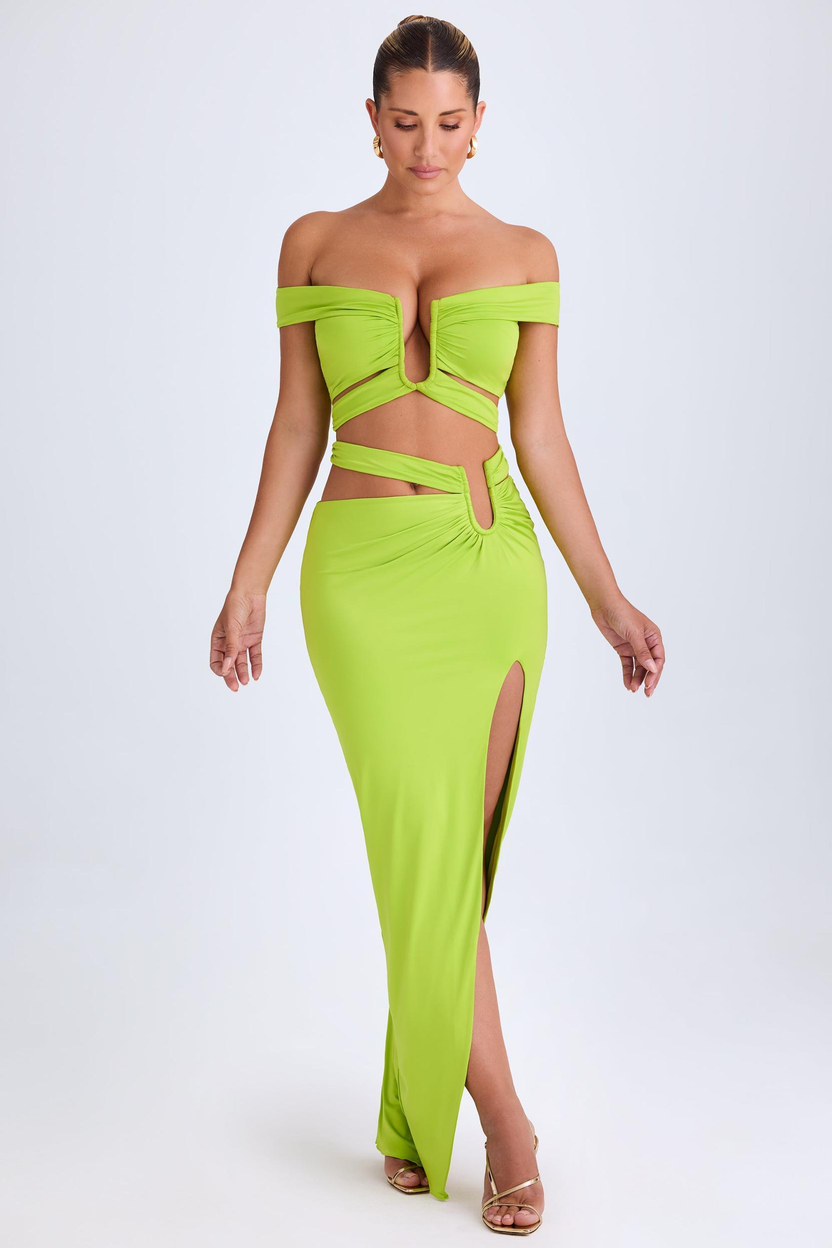 Asymmetric Cut-Out Maxi Skirt in Lime Green Female Product Image