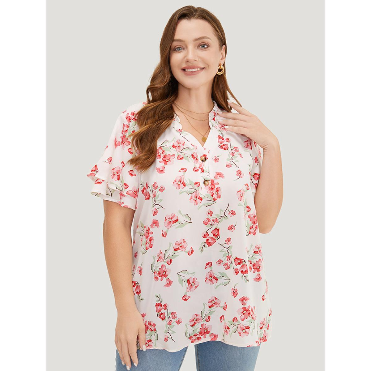 Plus Size White Floral Printed Button Up Flutter Layered Sleeve Blouse Women Elegant Short sleeve Notched collar Dailywear Blouses BloomChic 14-16/1X Product Image