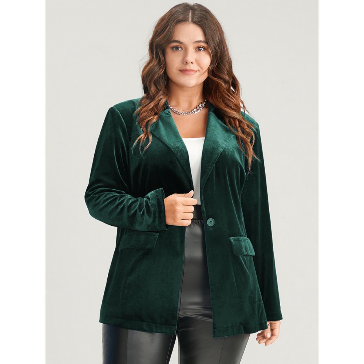 Plus Size Solid Button Flap Pocket Velvet Blazer DarkGreen Women Going out Plain Button Sleeve Long Sleeve Suit Collar 10/M Pocket Party Blazers BloomChic Product Image