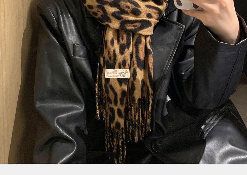 Leopard Print Fringed Scarf Product Image