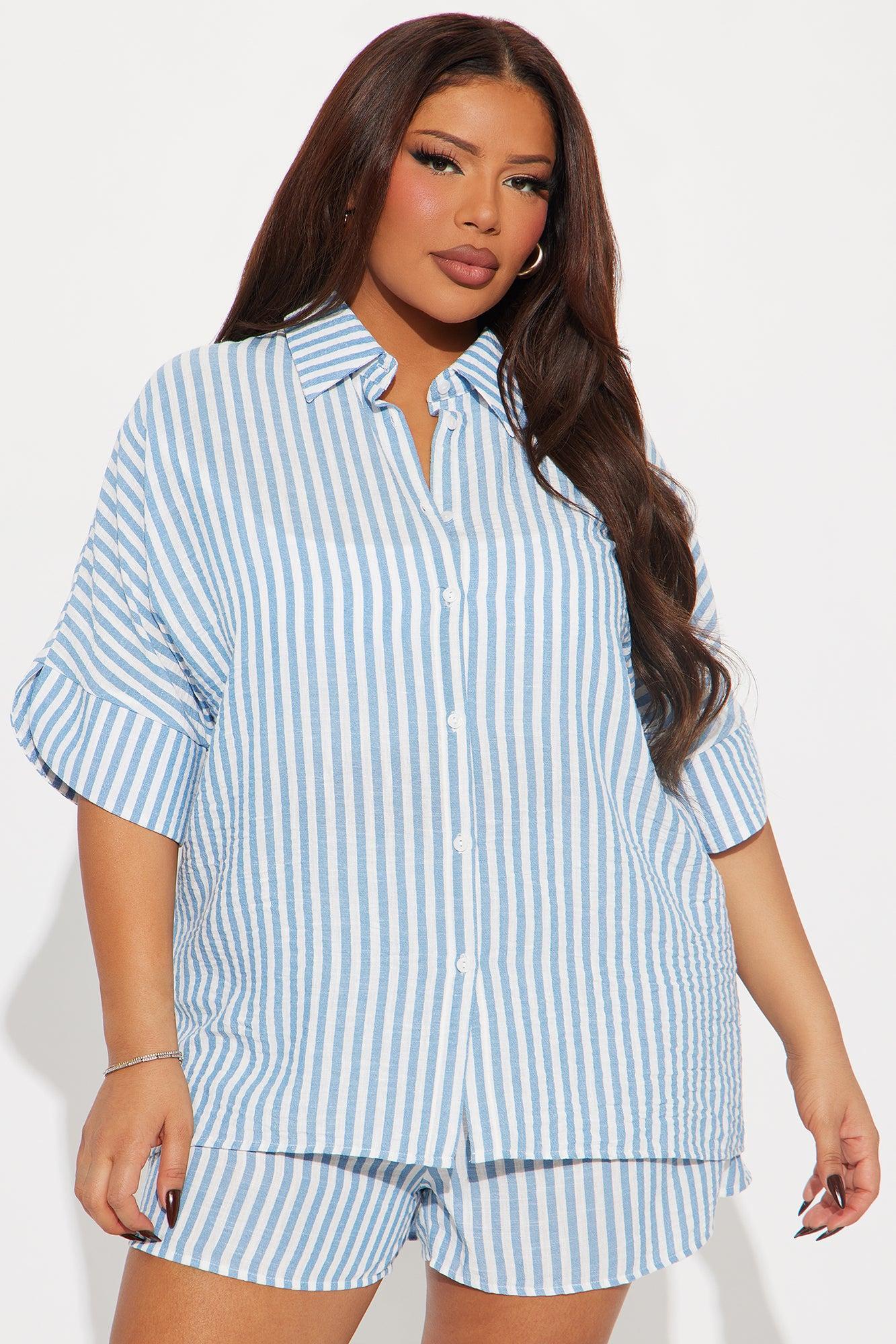 Casual Getaway Linen Short Set - Blue/combo Product Image