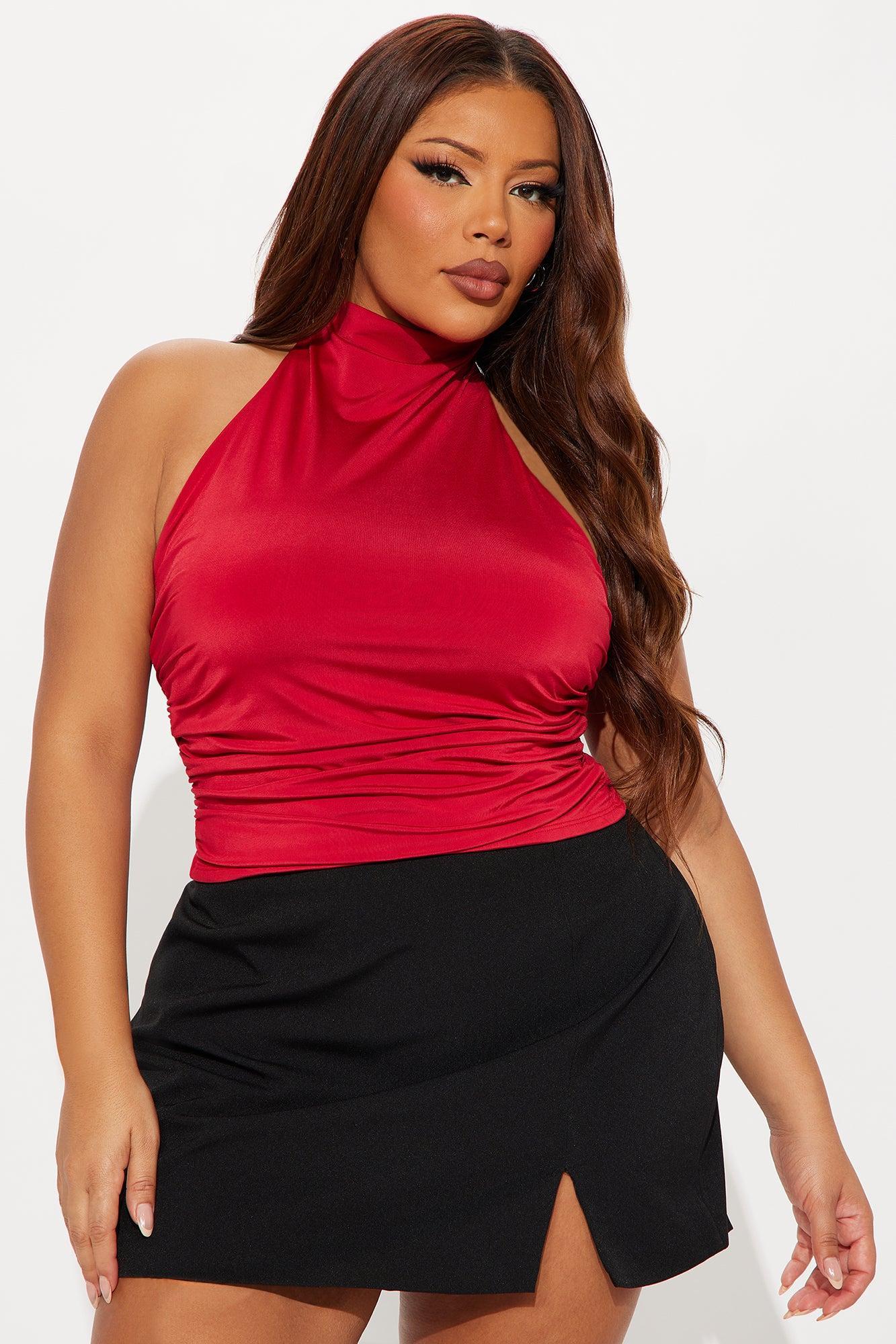 Rhoda Ruched High Neck Halter Top - Red Female Product Image
