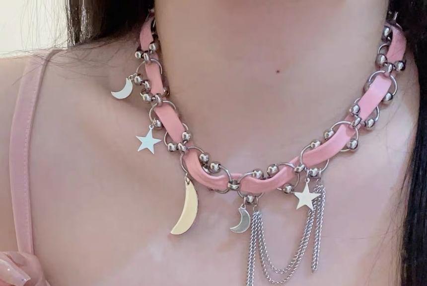 Crescent Star Faux Leather Chain Choker Product Image