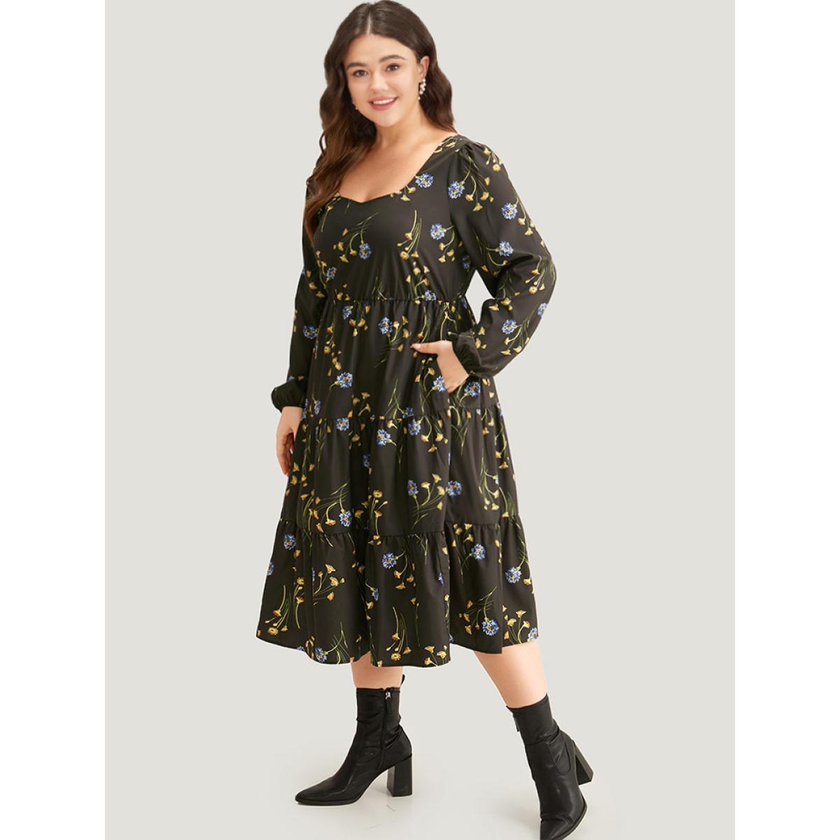 Plus Size Floral Print Ruffle Hem Elastic Cuffs Dress Black Women Elegant Elastic cuffs Square Neck Long Sleeve Curvy Midi Dress BloomChic 30/6X Product Image