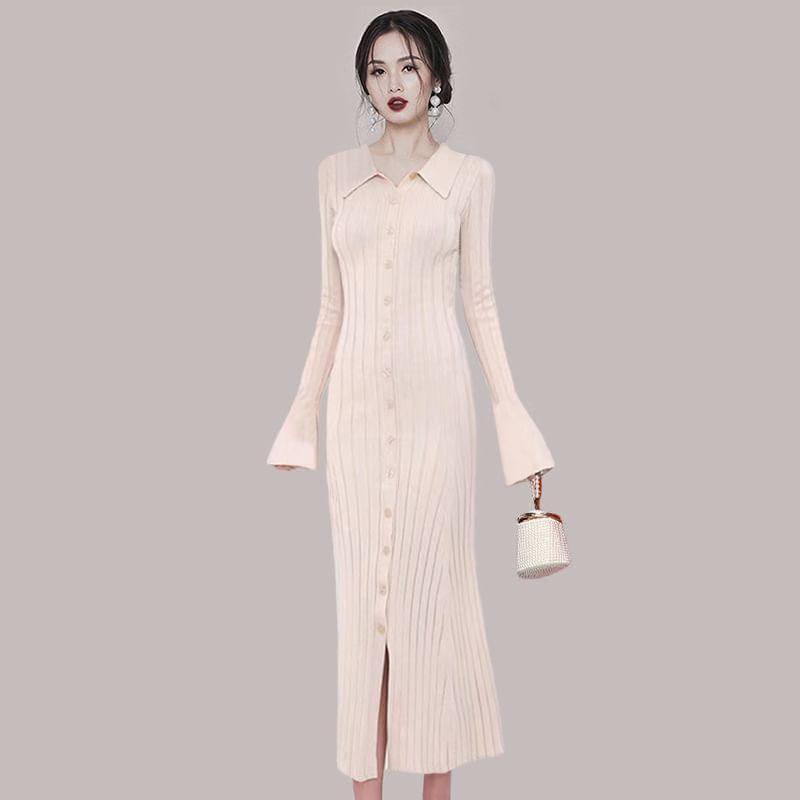 Long Sleeve Collared Plain Ribbed Knitted Midi Bodycon Dress Product Image