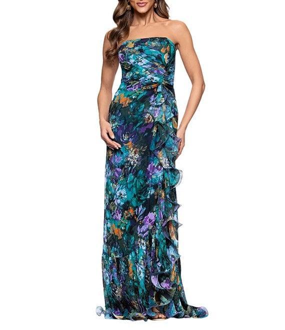 Xscape Petite Size Strapless Floral Print Ruffle Maxi Gown Product Image
