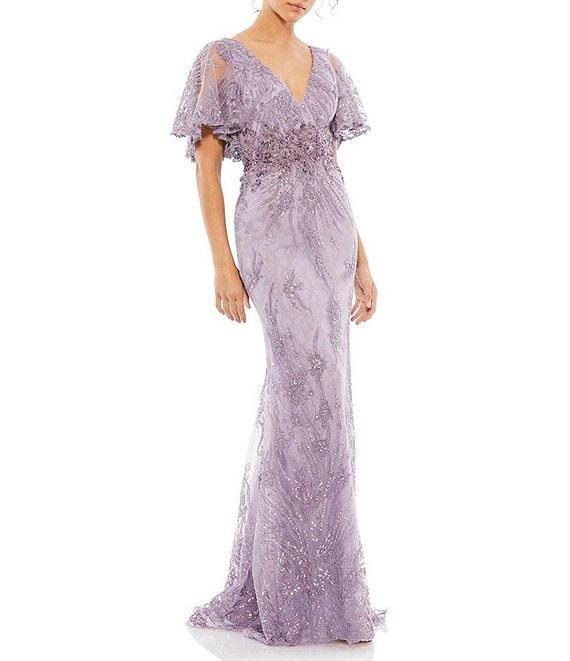 Mac Duggal Embellished Illusion V-Neck Sheer Butterfly Short Flutter Sleeve Sheath Gown Product Image
