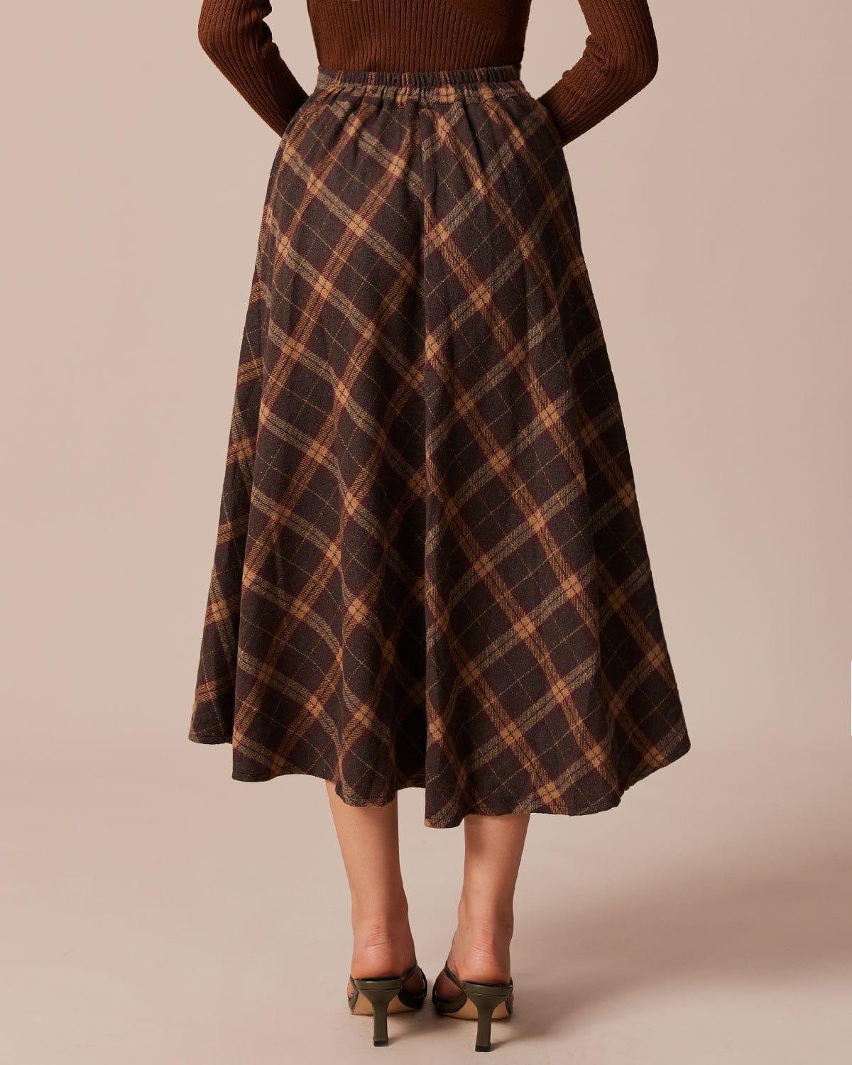 The Brown Elastic Waist Plaid A-Line Midi Skirt Product Image