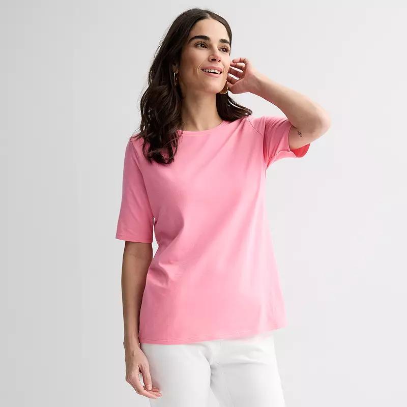 Women's Croft & Barrow® Elbow Sleeve Printed Basic Tee, Size: Medium, Pink Lipstick Product Image