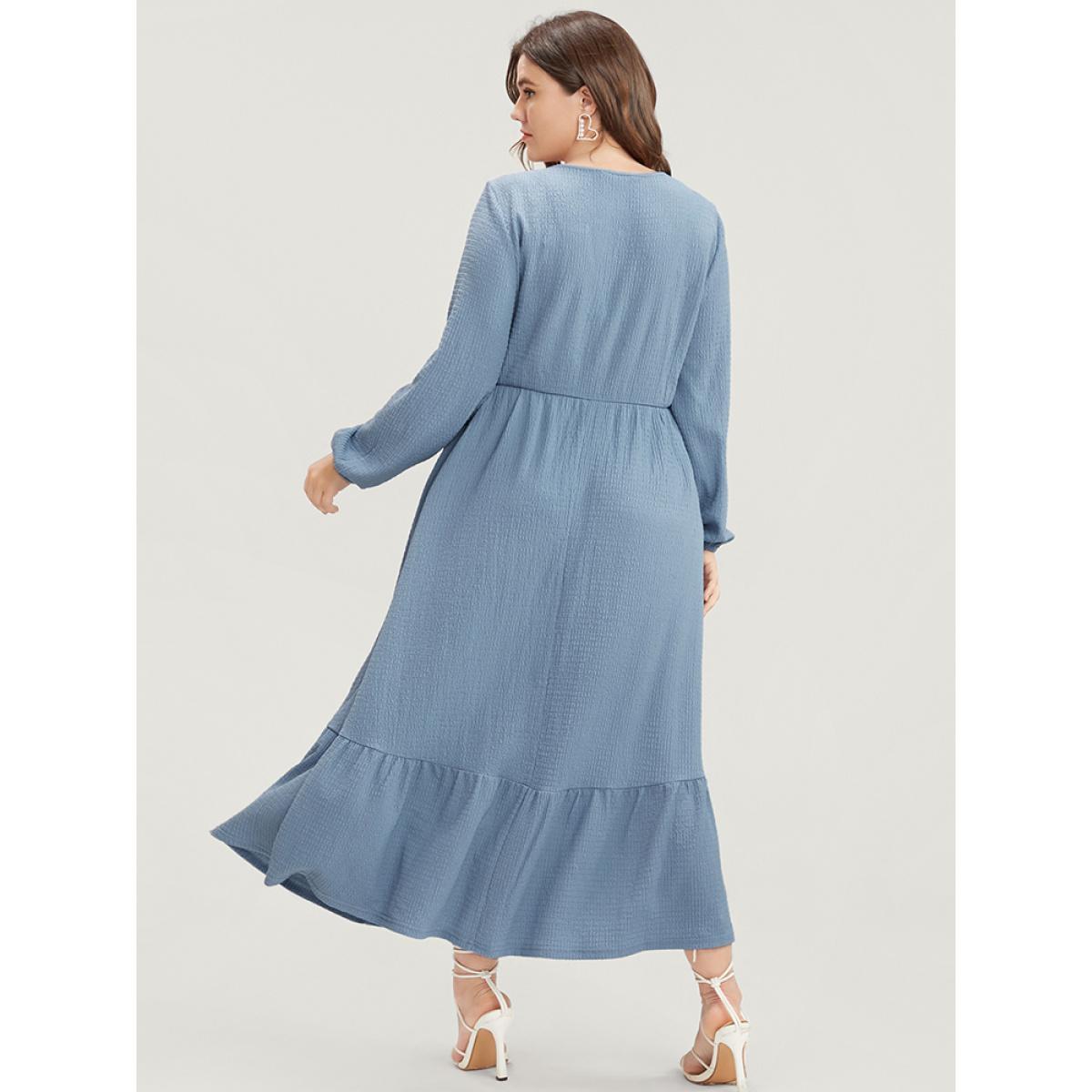 Plus Size Solid Textured Notched Pocket Lantern Sleeve Ruffle Hem Dress LightBlue Women Elegant Pocket V-neck Elbow-length sleeve Curvy Midi Dress BloomChic 22-24/3X Product Image