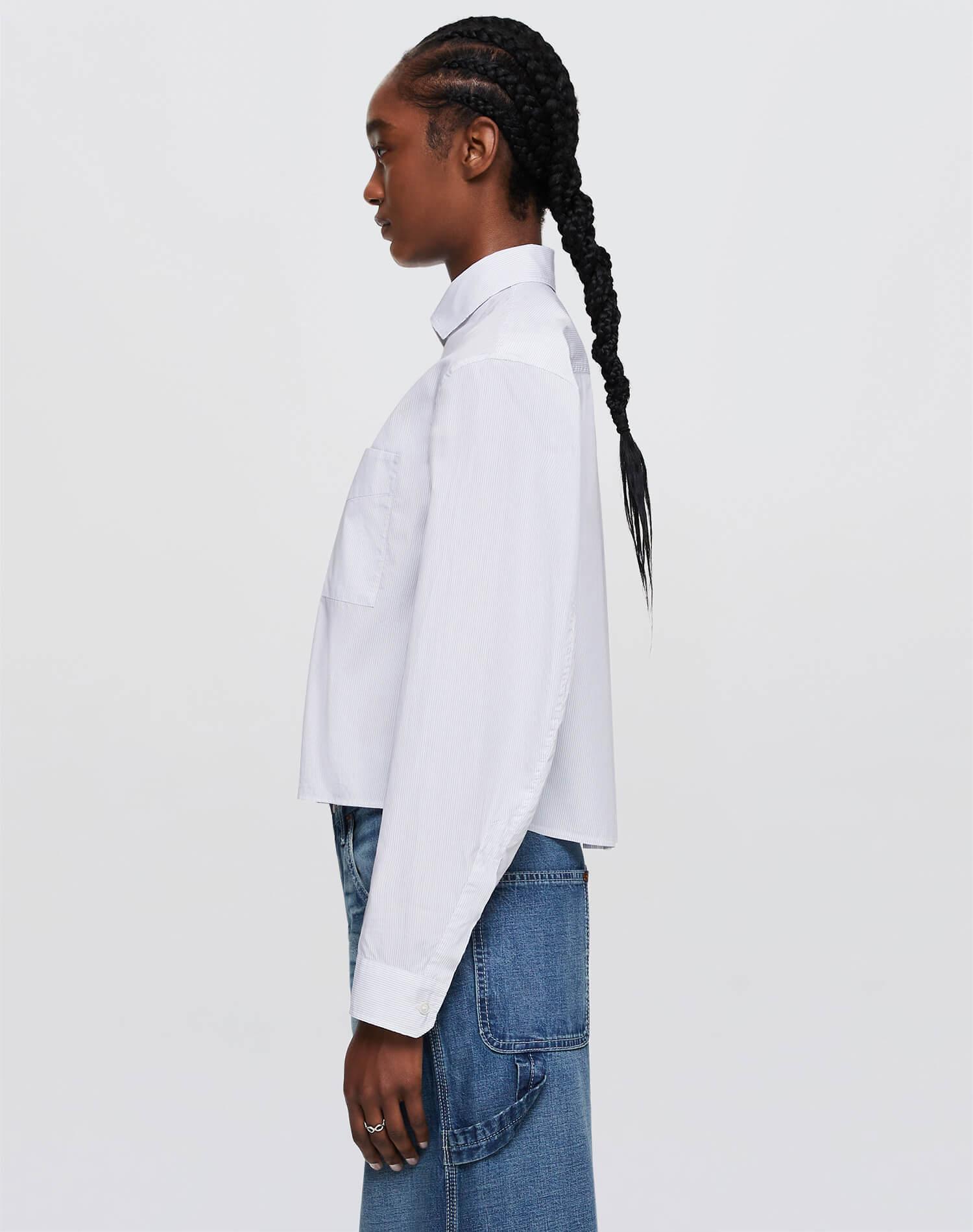 Cropped Oversized Button Up - White/Black Female Product Image