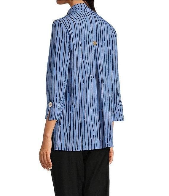 Ali Miles Crinkle Woven Abstract Stripe Wire Collar 3/4 Sleeve Button Front Tunic Product Image