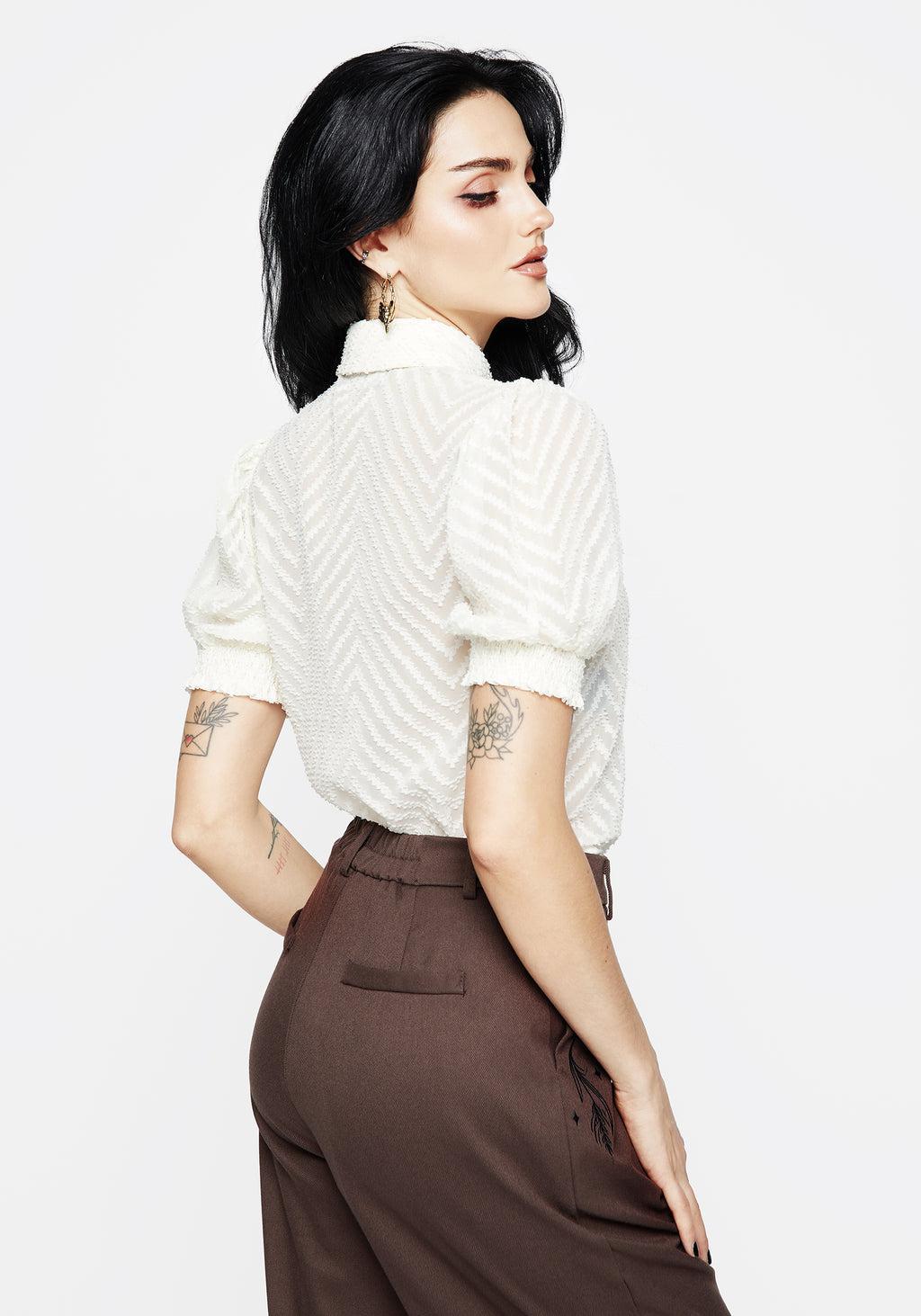 Chevron Button Up Blouse Top - White Product Image