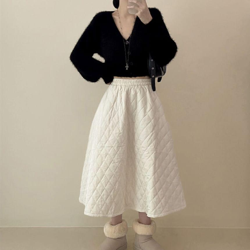 High Rise Quilted A-Line Midi Skirt Product Image