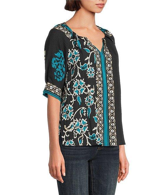 Tru Luxe Jeans Floral Border Print Split V-Neck Elbow Sleeve Top Product Image