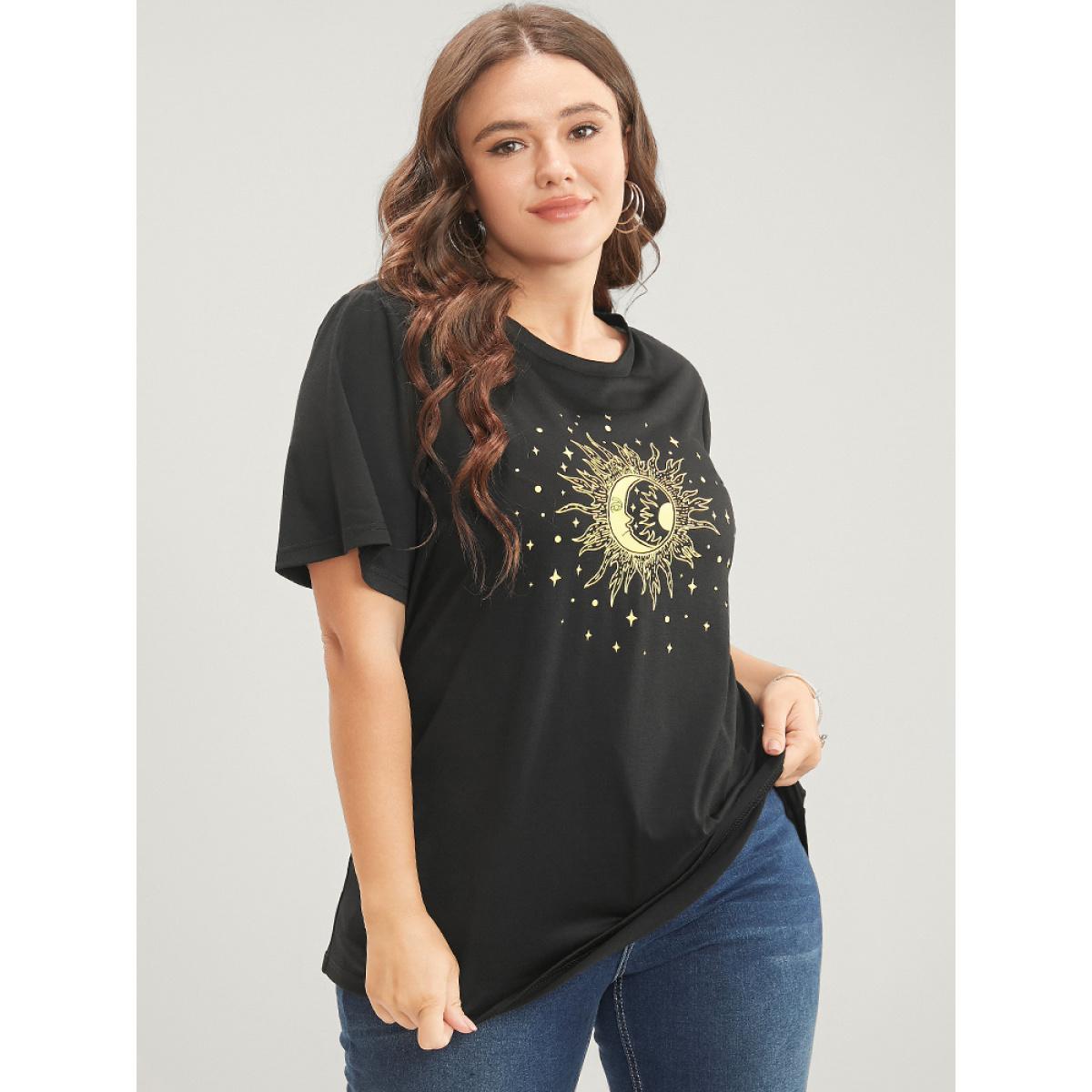 Plus Size Moon And Star Round Neck T-shirt DimGray Women Casual Printed Star and moon Dailywear T-shirts BloomChic 14-16/1X Product Image