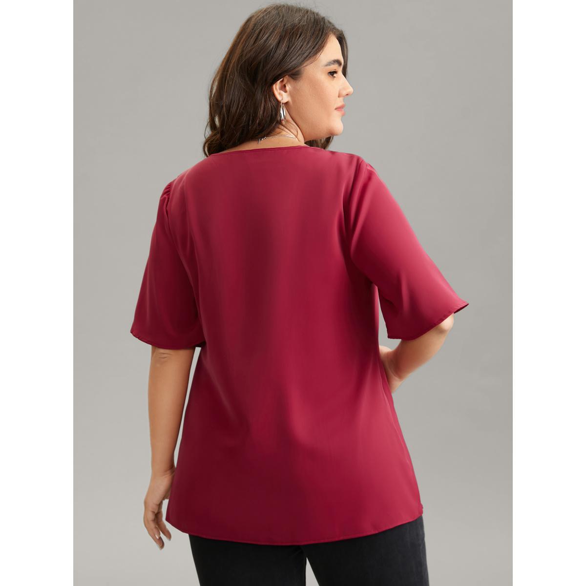 Plus Size RedViolet Solid Pleated Crew Neck Blouse Women Work From Home Short sleeve Round Neck Work Blouses BloomChic 14-16/1X Product Image