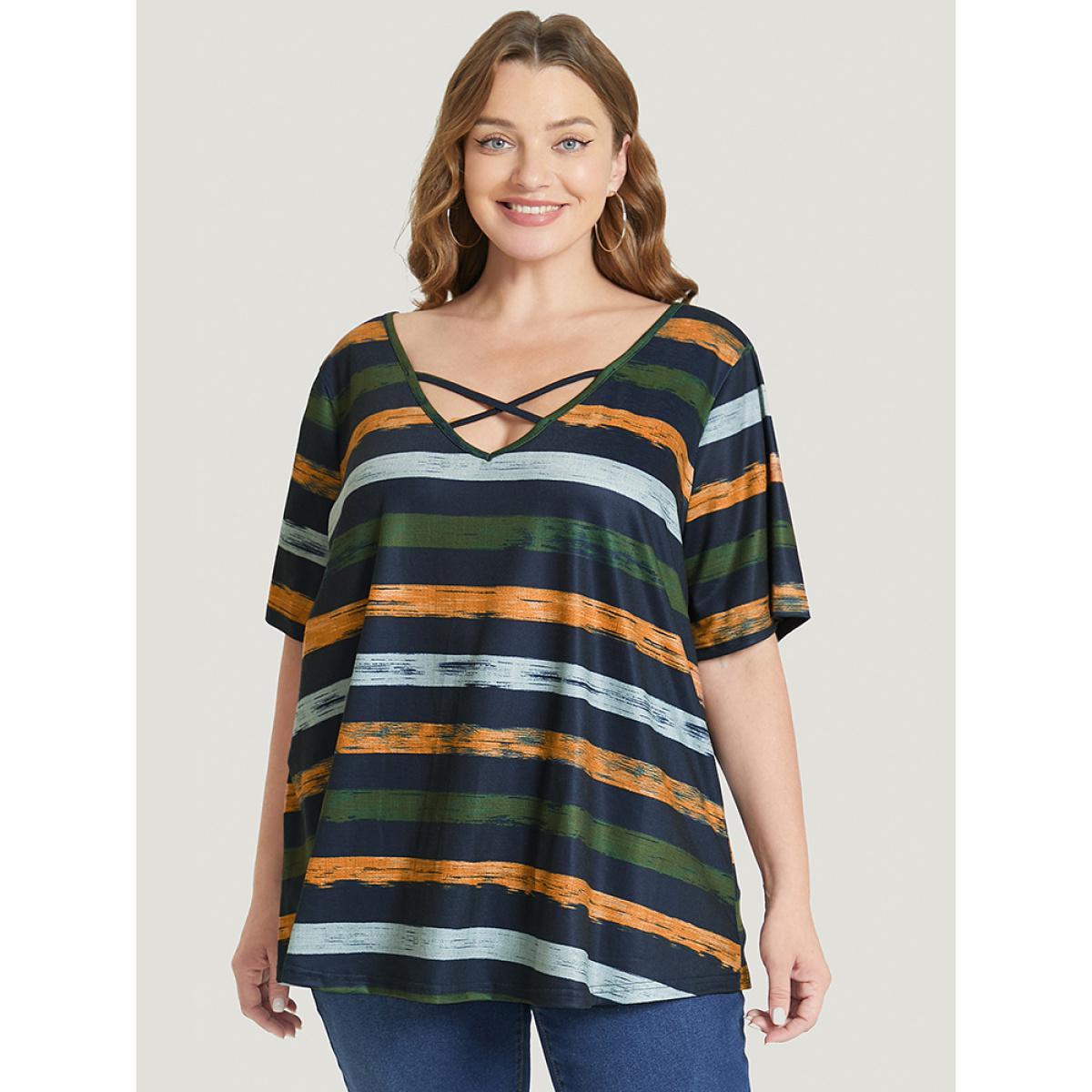 Plus Size Striped Contrast Crisscross Neck T-shirt Moss Women Casual Striped V-neck Dailywear T-shirts BloomChic 30/6X Product Image