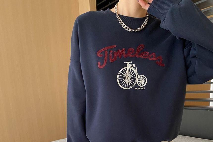 Round Neck Bicycle Print Lettering Fleece-Lined Pullover Product Image