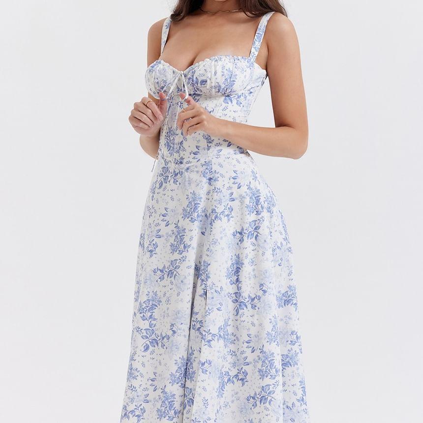 Spaghetti Strap V-Neck Floral  Midi A-Line Dress Product Image