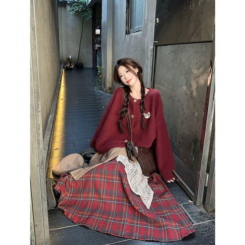 Long Sleeve Plain Loose-Fit Cardigan / High Waist Lace Panel Plaid Midi A-Line Skirt Product Image