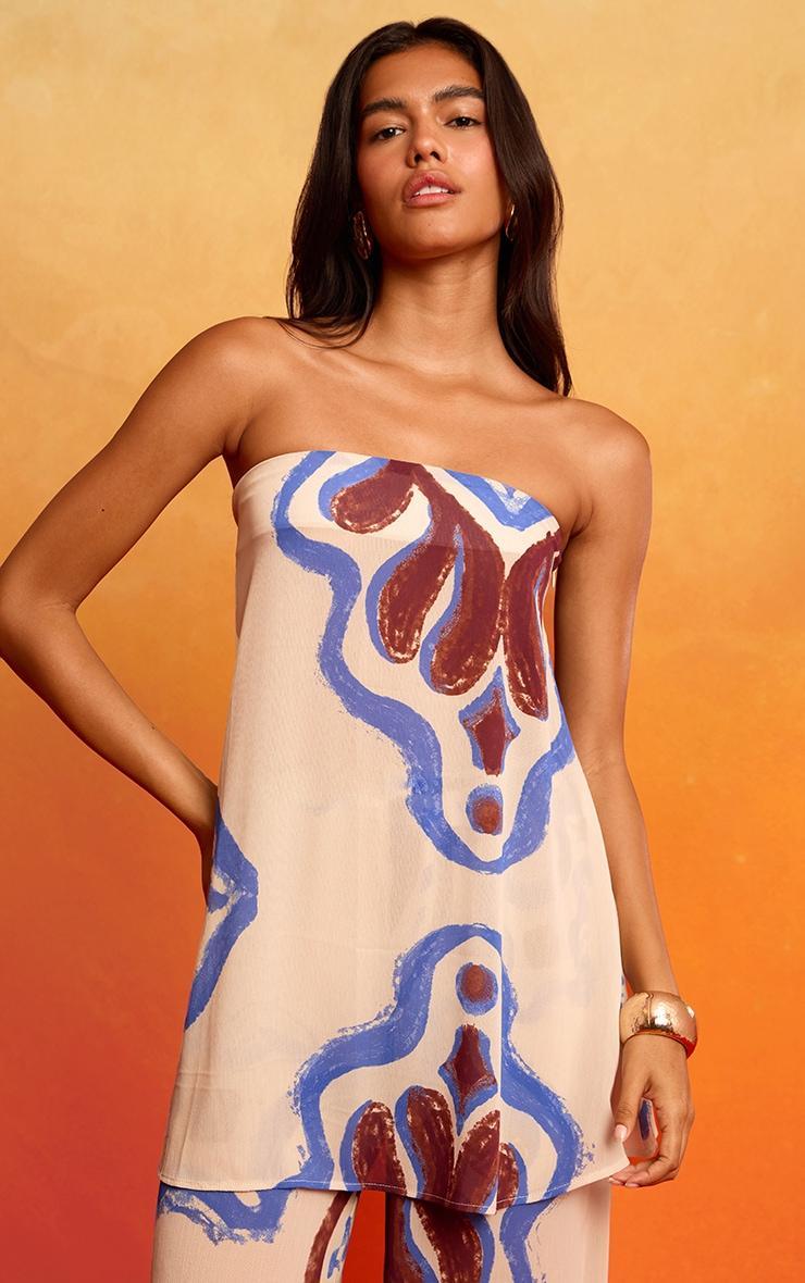  Cream Tile Print Crinkle Bandeau Long Top Product Image