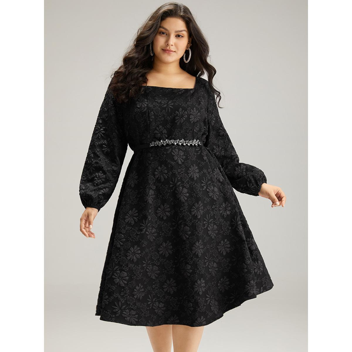 Plus Size Floral Print Plisse Pocket Lantern Sleeve Dress Black Women Cocktail Elastic cuffs Square Neck Long Sleeve Curvy Midi Dress BloomChic 10/M Product Image