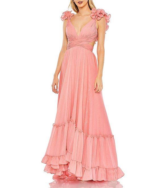 Mac Duggal V-Neck 3D Ruffle Shoulder Lace Back Chiffon A-line Gown Product Image