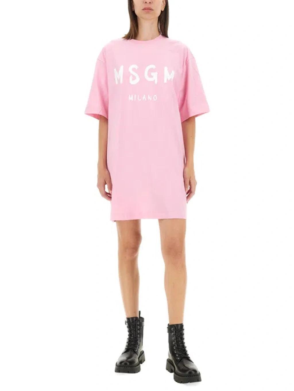 MSGM Logo Printed Mini Dress In Pink Product Image