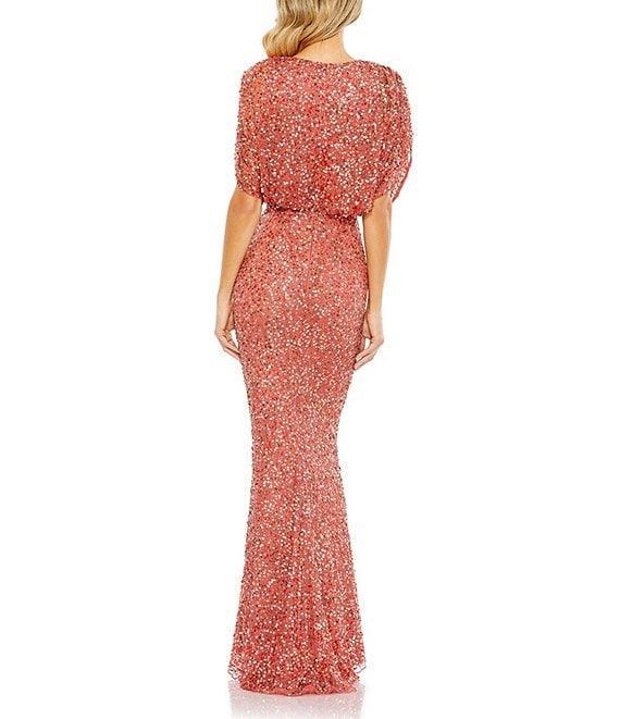 Mac Duggal Sequin Surplice V-Neck Draped 3/4 Sleeve Blouson Bodice Sheath Gown Product Image