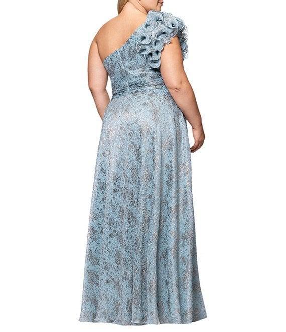 Xscape Plus Size Ruffled One Shoulder Crinkled Foil A-Line Gown Product Image