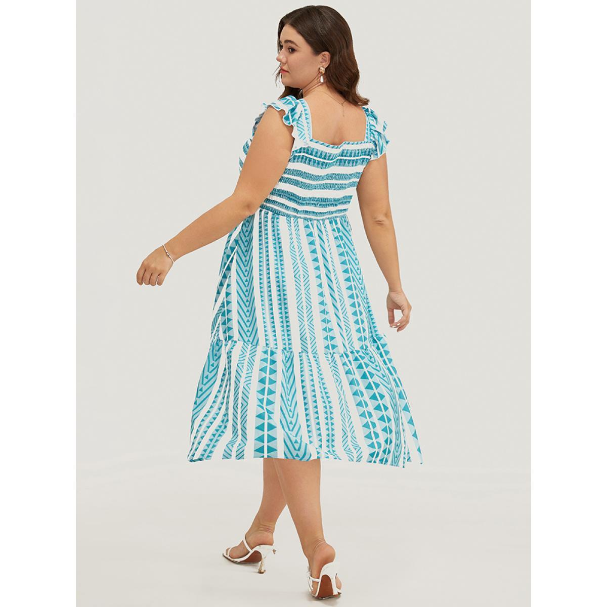 Plus Size Striped Contrast Square Neck Pocket Ruffles Shirred Cami Dress LightBlue Women Vacation Square Neck Cap Sleeve Curvy Midi Dress BloomChic 12/L Product Image